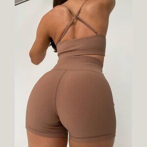 Meshki Ribbed Activewear Workout SET - Mocha - Top, Medium + Shorts, Small